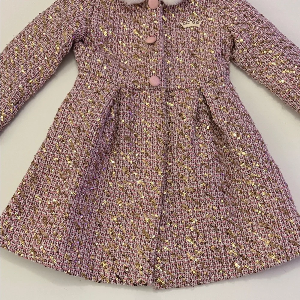Disney Princess Tweed Coat Girls 5/5 Pink Sequins Faux Fur Dress-up Fairytale